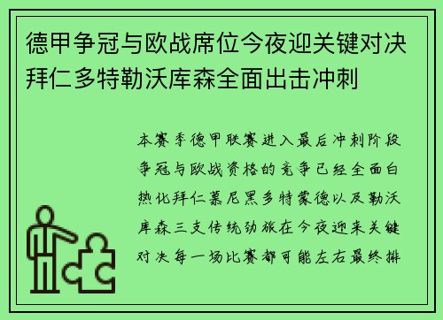 德甲争冠与欧战席位今夜迎关键对决拜仁多特勒沃库森全面出击冲刺 德甲争冠与欧战席位今夜迎关键对决拜仁多特勒沃库森全面出击冲刺