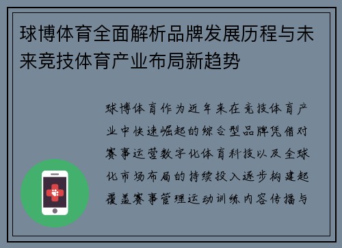 球博体育全面解析品牌发展历程与未来竞技体育产业布局新趋势 球博体育全面解析品牌发展历程与未来竞技体育产业布局新趋势